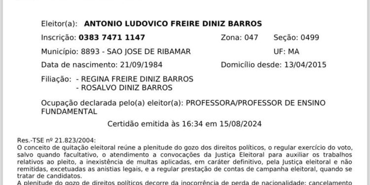 *Certidão confirma que Dudu Diniz está quite com a Justiça Eleitoral e é candidato a prefeito em Ribamar – MA*